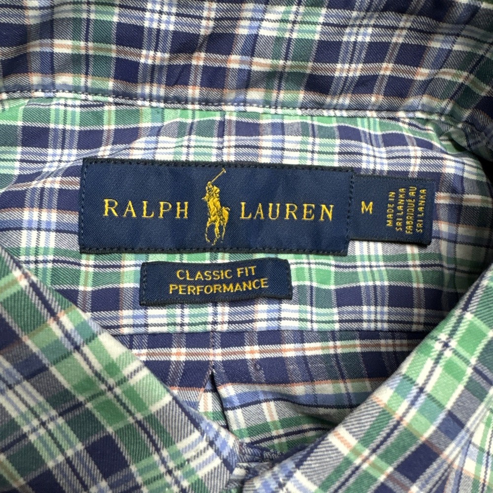 Ralph Lauren Sz M Button Front Shirt Performance Nylon Stretch Blue Green Plaid - Picture 3 of 6